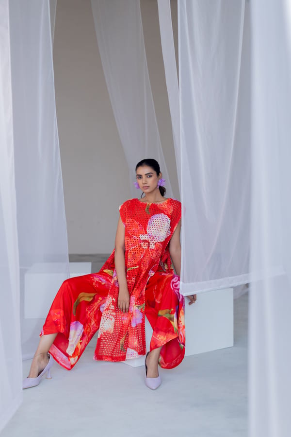 Red Floral Mesh Overlay Kurta and Pants Co-ord Set — Silai studio