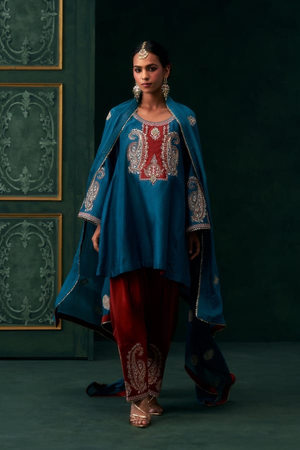 Amani Chanderi Satin Embroidered Suit Set — NEETIKA CHOPRA