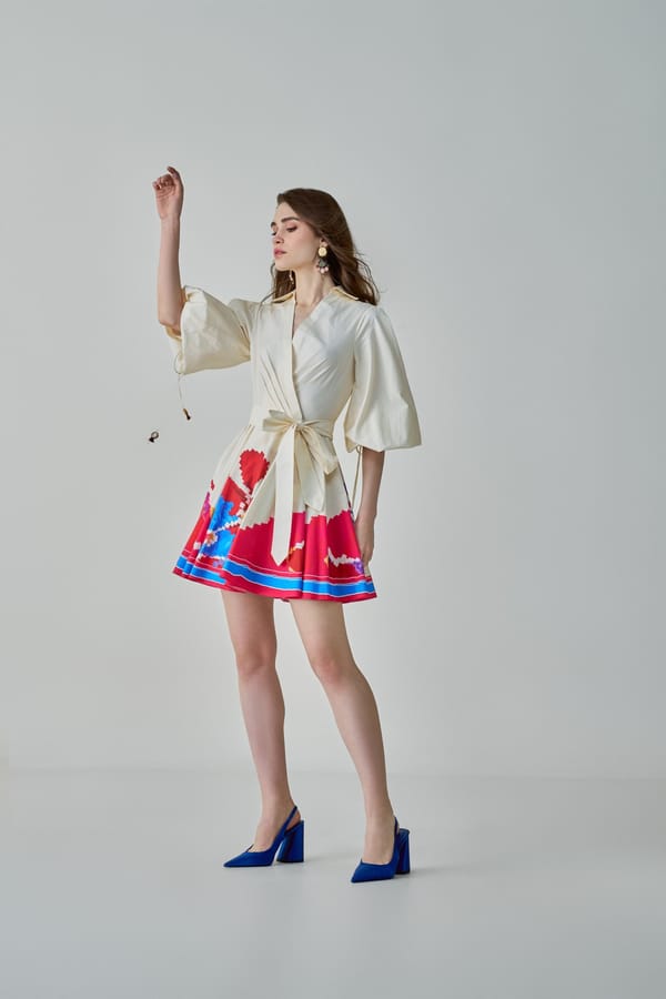 Ivory Wrap Collared Mini Dress With Placement Print — Saaksha and Kinni