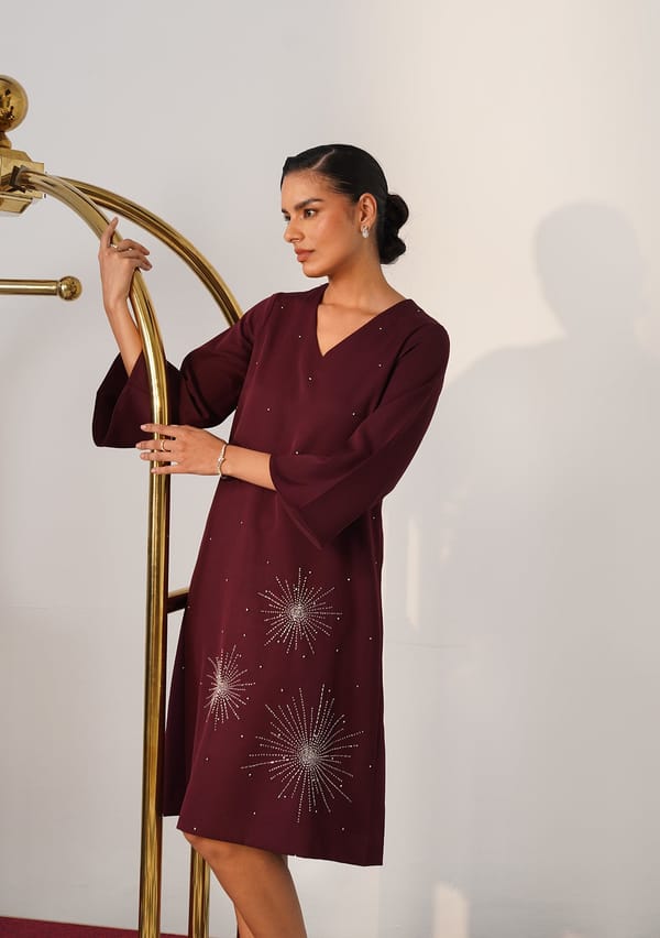 Burgundy Embellished A-Line Midi Dress — AMOSHI