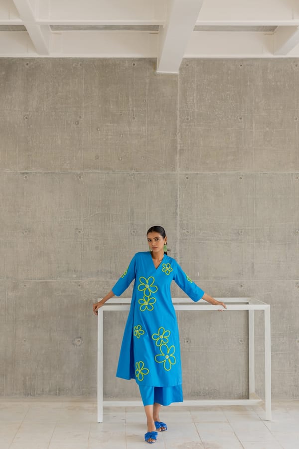 Blue Floral Cord-Embroidered Kurta Set with Pants — Silai studio