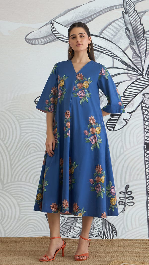 Blue Cotton Floral V-Neck A-Line Midi Dress — SHIVANI BHARGAVA