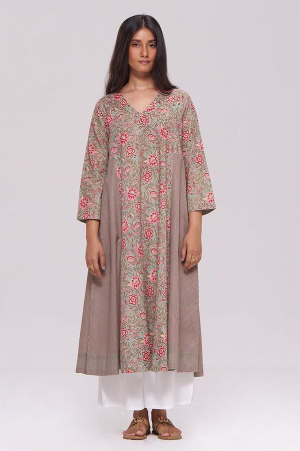 Basil Green Floral Kurta and White Pant Cotton Co-ord Set — Ganga Fashions Pvt Ltd