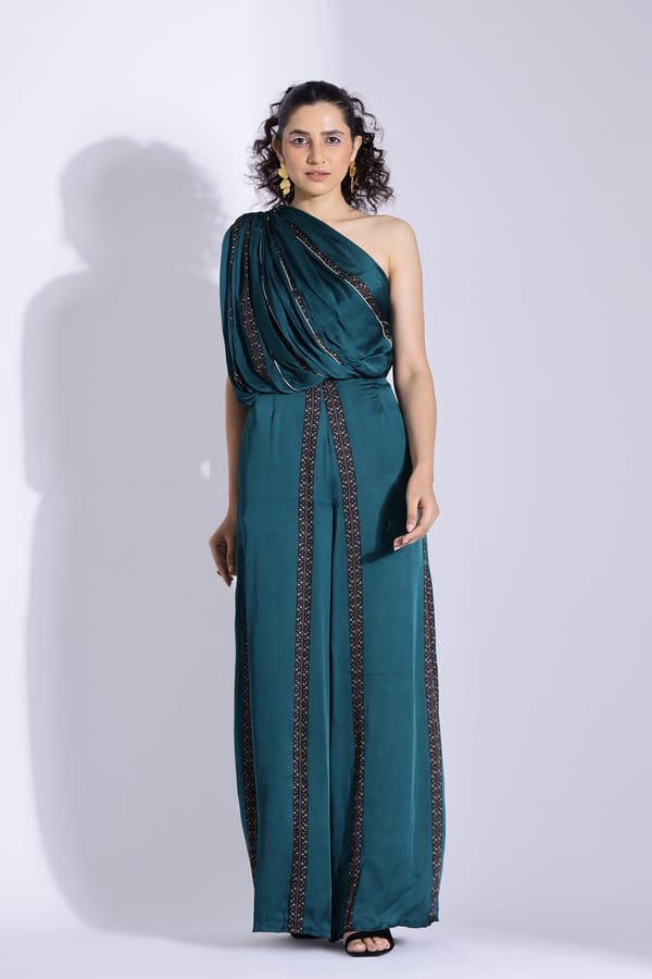 Teal One-Shoulder Draped Georgette Satin Jumpsuit — STUDIO SURBHI