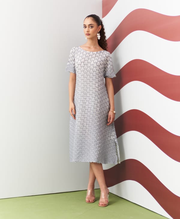 Grey A-Line Midi Dress with 3D Chevron Pleats — Pleats by Aruni