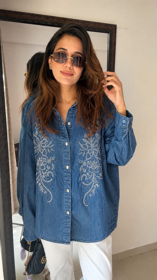 Botanical Embroidered Denim Shirt — CLOSET AFFAIR