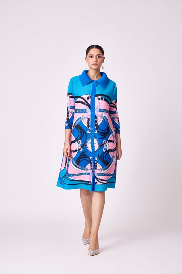 Blue Abstract Print Micro-Pleated Shirt Dress — Scarlet Sage