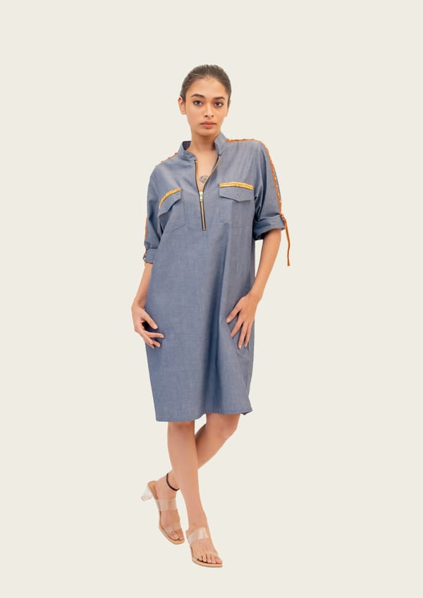 Blue Chambray Dress with Embroidery — Richa Goenka