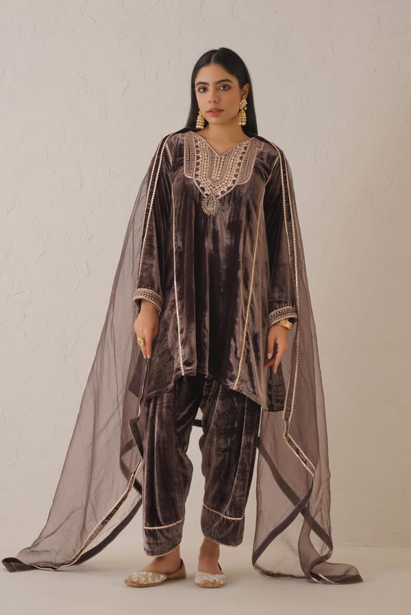 Brownish Mauve Velvet Embroidered Kurta Set with Dupatta — NEETIKA CHOPRA