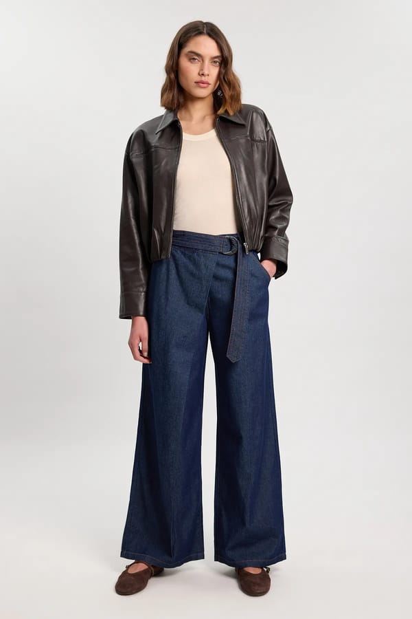 Indigo Denim Belted High-Rise Wide-Leg Trousers — KAREN MILLEN