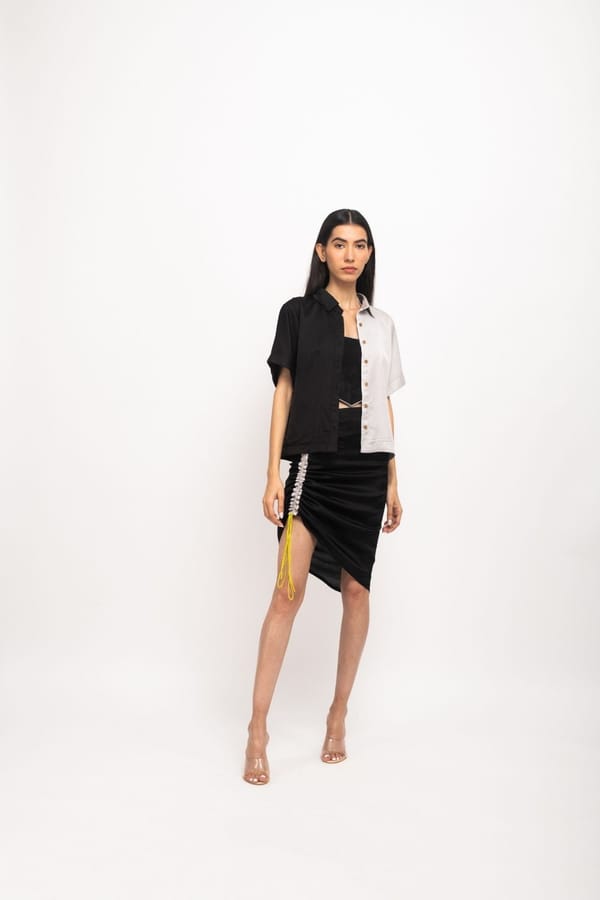 Black and Grey 3-Piece Shirt, Bustier and Ruched Skirt Set — Neora