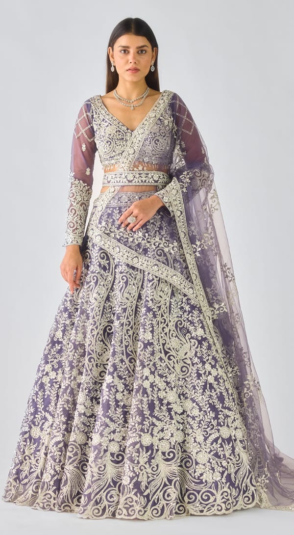 Purple Net Embroidered Lehenga Set with Belt — Basanti Kapde aur Koffee
