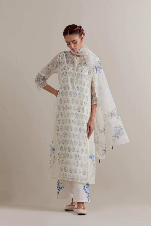 Off-White Blue Green Floral Block Print Kurta Set — Upavita