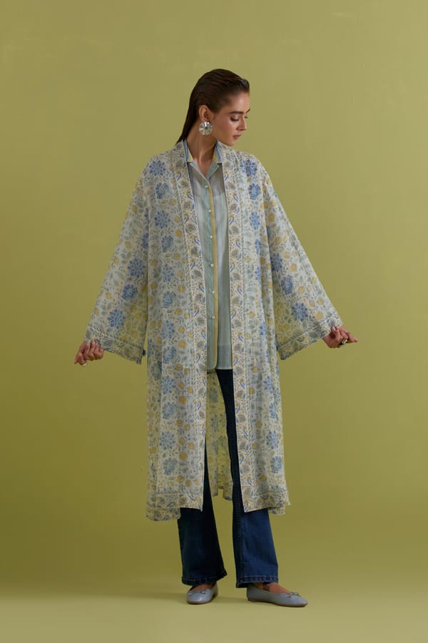 Off-White Floral Block Print Longline Overlay Jacket — Upavita