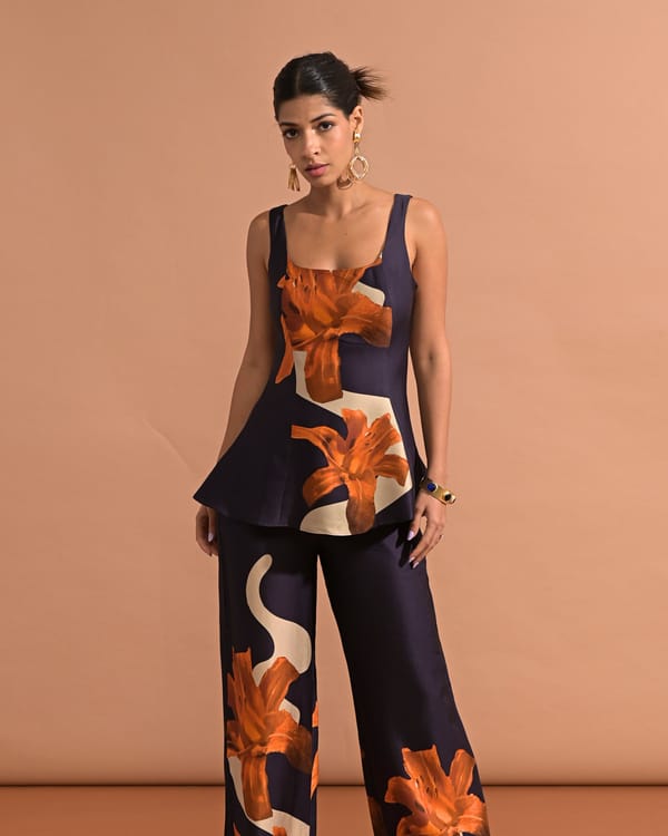 Navy Floral Modal Satin Square-Neck Sleeveless Top — Missy Co.