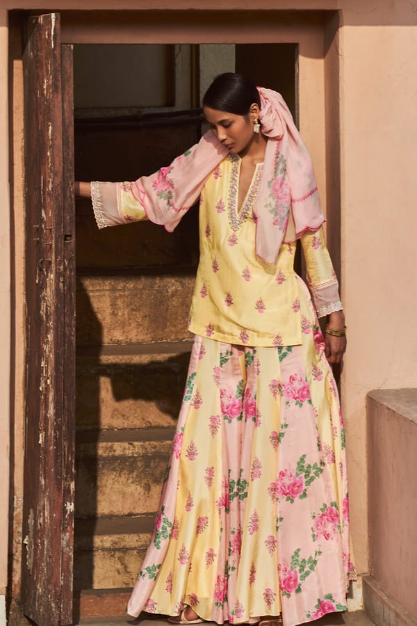 Yellow Floral Silk Kurta Sharara Set with Organza Dupatta — LABEL NAARITI