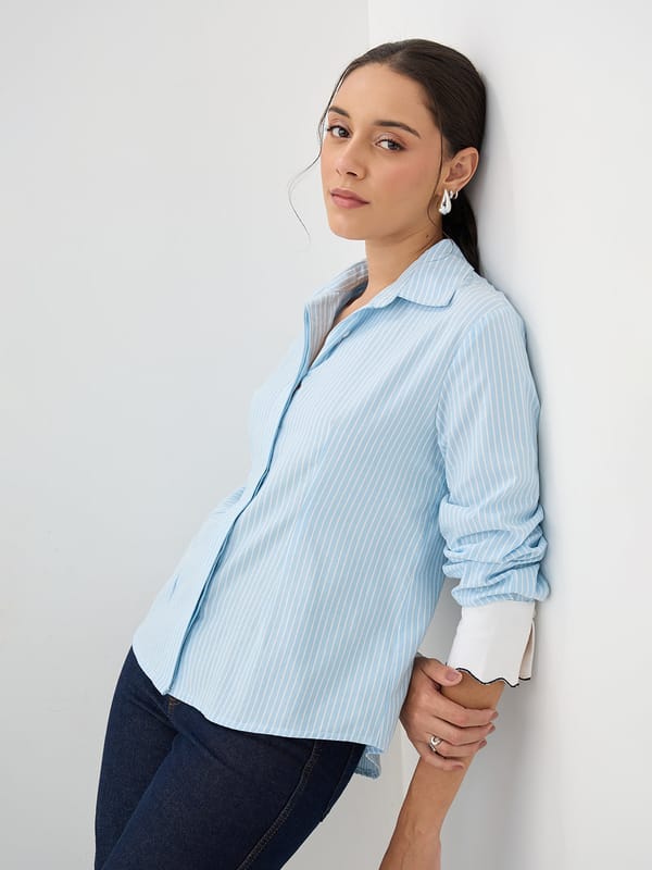 Blue Stripe Contrast Cuff Shirt — Femmella
