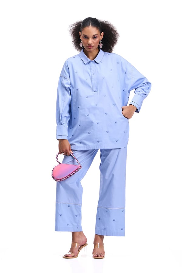 Periwinkle Cotton Twill Embroidered Co-ord Set — Our Love
