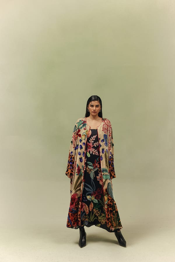 Beige Printed Velvet Longline Poncho — SHOP NOIB