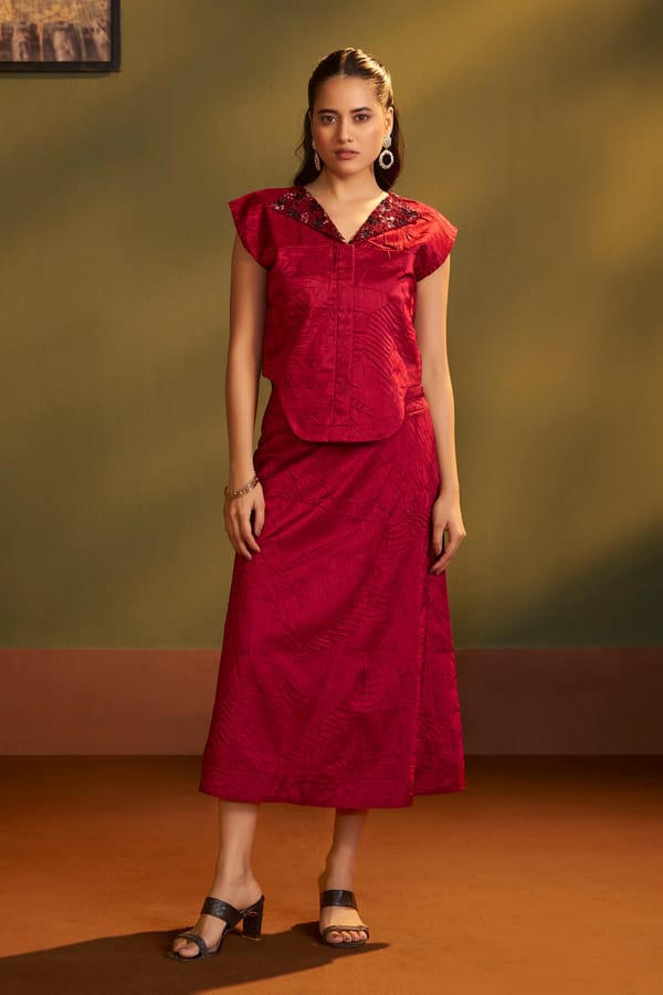 Red Embellished Neck Top and A-Line Midi Skirt Co-ord Set — Savaaya