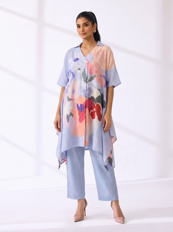 Powder Blue Printed Linen Kurta Set with Handkerchief Hem — CLOS