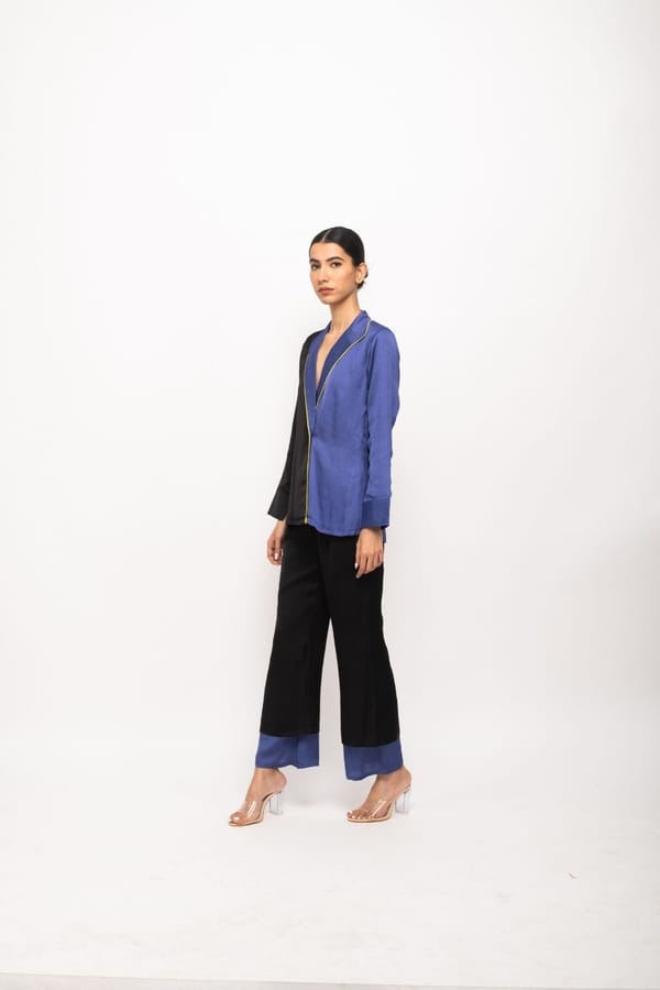 Black-Blue Colorblocked Blazer and Pants Co-ord Set — Neora