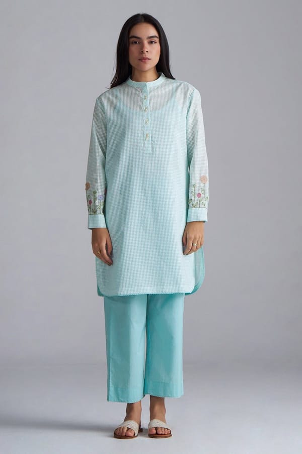 Eggshell Blue Mini-Check Cotton Co-ord Set with Slip — Ganga Fashions Pvt Ltd