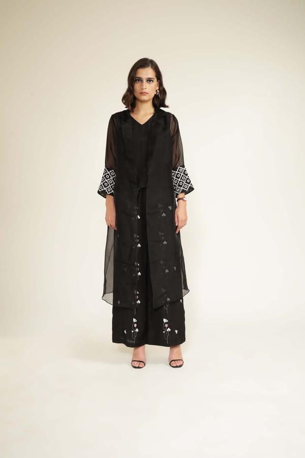 Black Organza Jacket, Top and Wide-Leg Pants Co-ord Set — Arcvsh Pallavi Singh