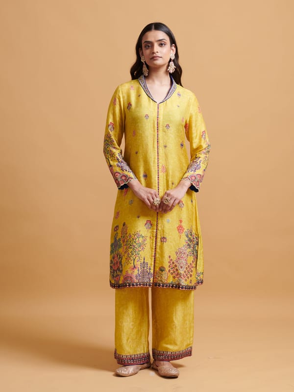 Yellow A-Line Printed Kurta Set with Embellished Collar — SAUNDH