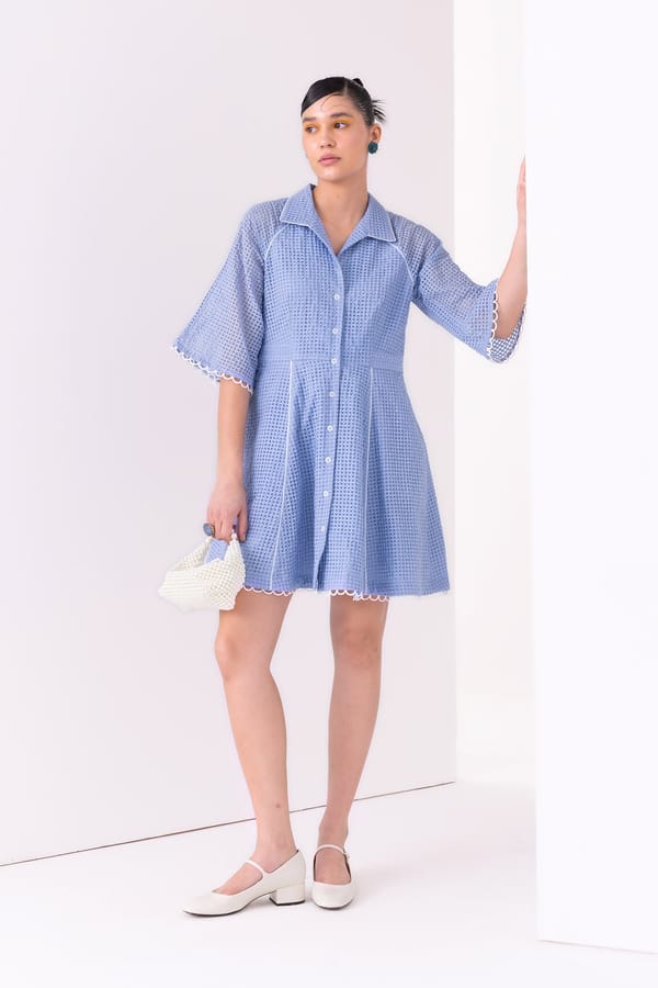 Blueberry Dobby Mini Shirt Dress with Lace Trim — Our Love