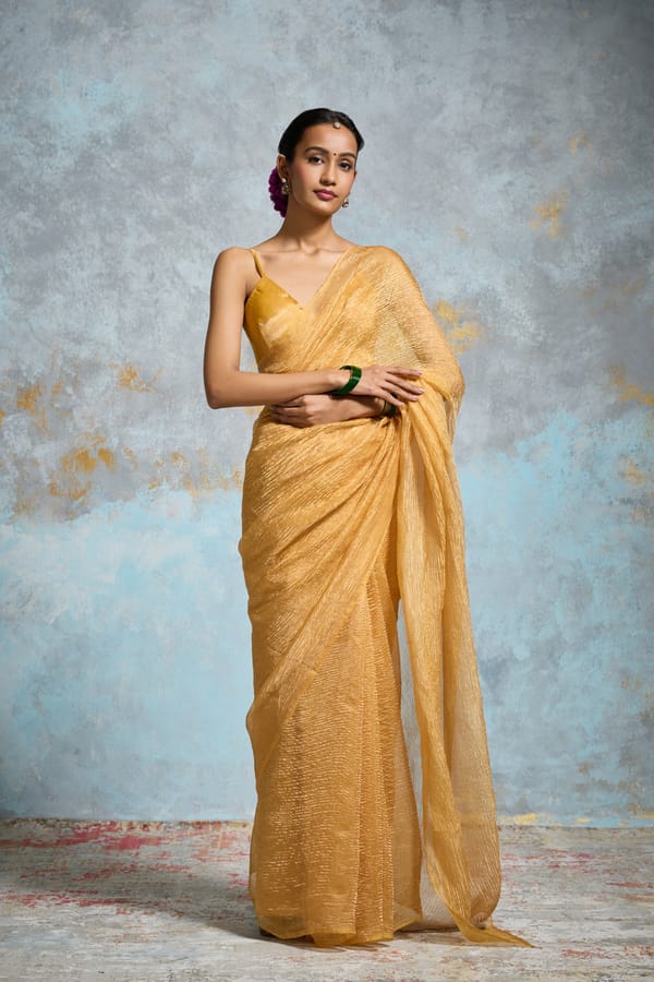 Yellow Crinkle Tissue Saree with Metallic Sheen — Dressfolk