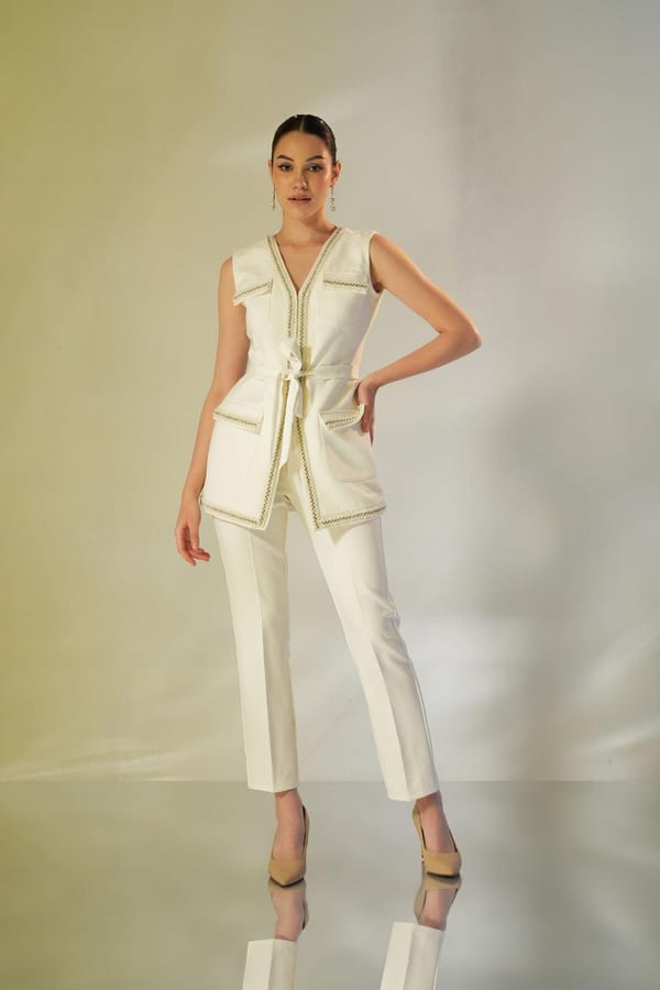 Ivory Pearl-Trim Longline Jacket and Pants Co-ord Set — Label IRIS