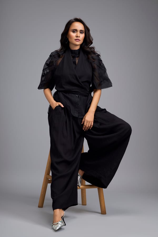 High-Neck Blouse with Floral Sleeves — Deepika Arora