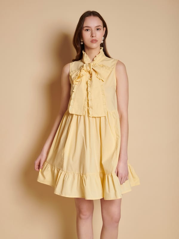 Yellow High Neck Bow Detail Tiered Mini Dress — SISTER JANE