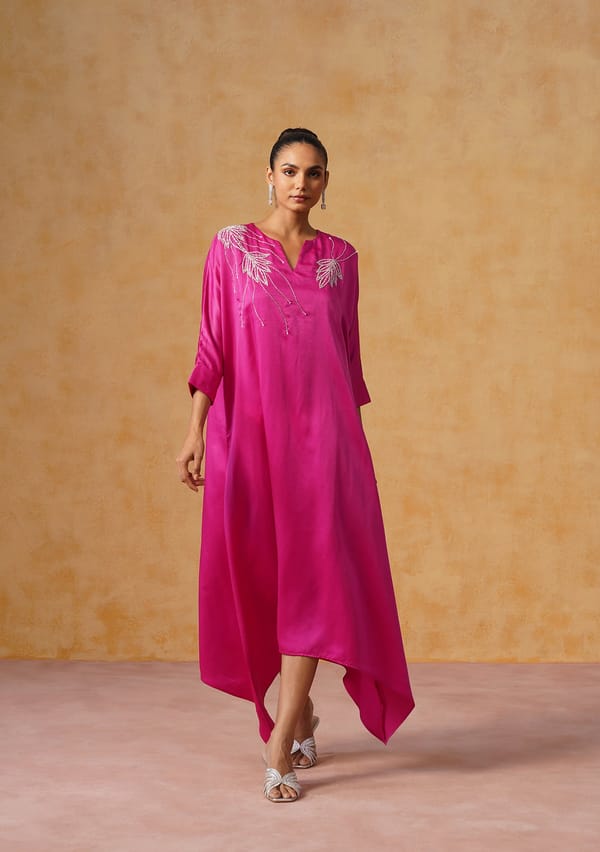 Fuchsia Pink Satin Kaftan Midi Dress with Crystal Embroidery — AMOSHI