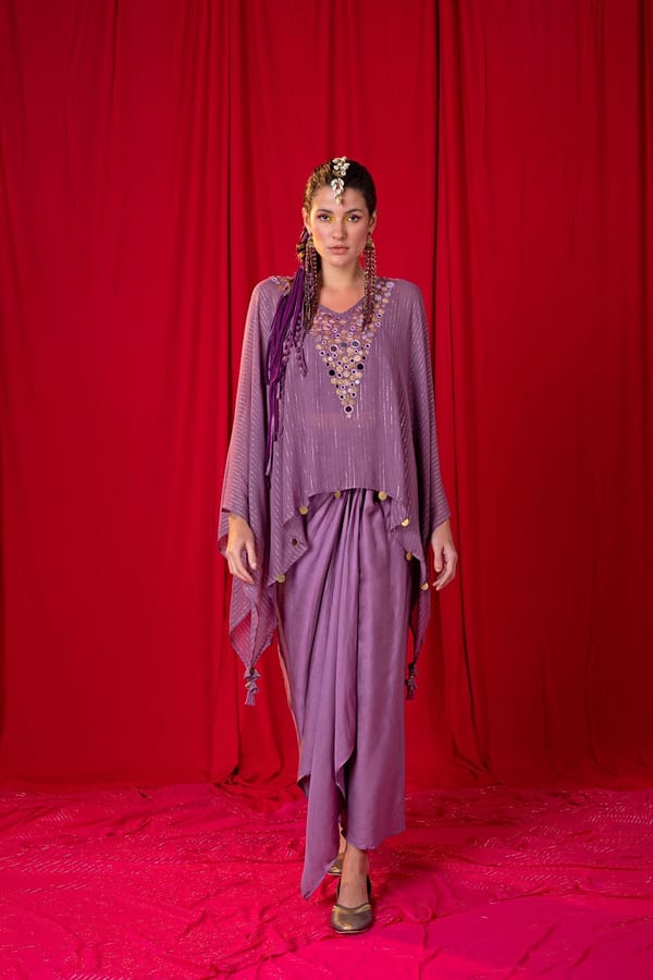 Lavender Shimmer Cape and Draped Maxi Skirt Co-ord Set — EnEch