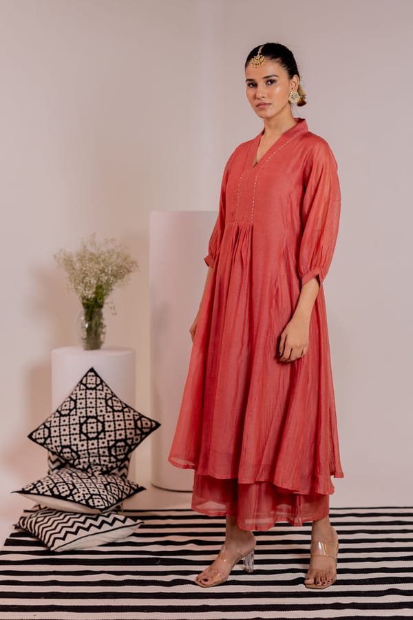 Rose Pink Flared Chanderi Kurta Set with Palazzos — Silai studio