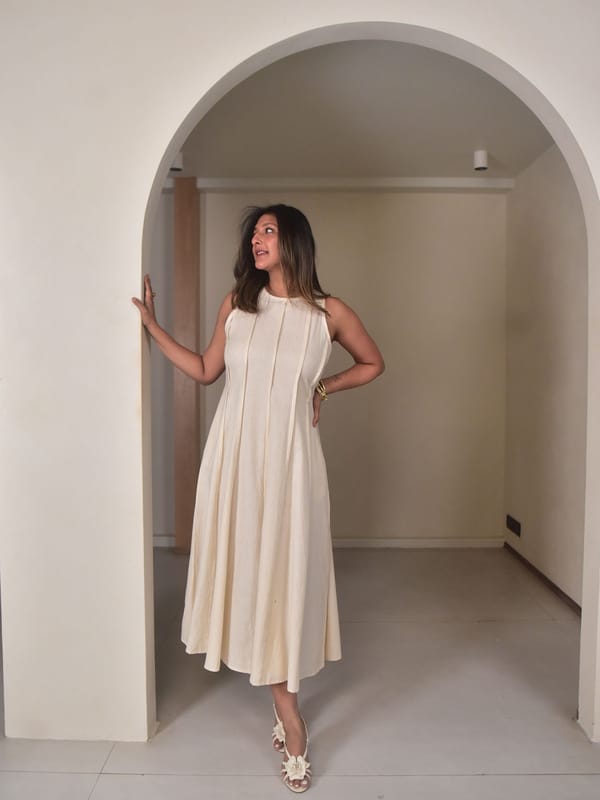 Beige Cotton Linen Panelled Fit and Flare Midi Dress — Why So Blue
