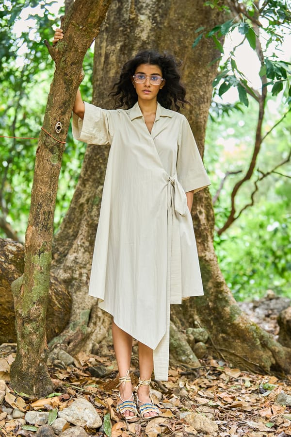 Sand Wrap Shirt Dress with Asymmetrical Midi Hem — Dash and Dot