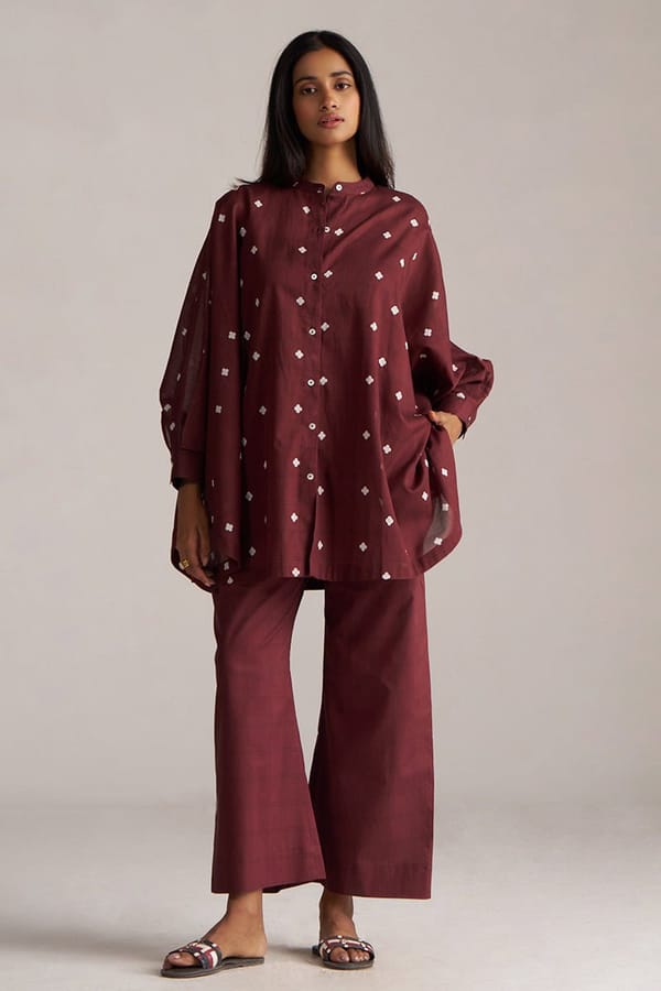 Cordovan Maroon Printed Shirt and Wide-Leg Co-ord Set — Ganga Fashions Pvt Ltd