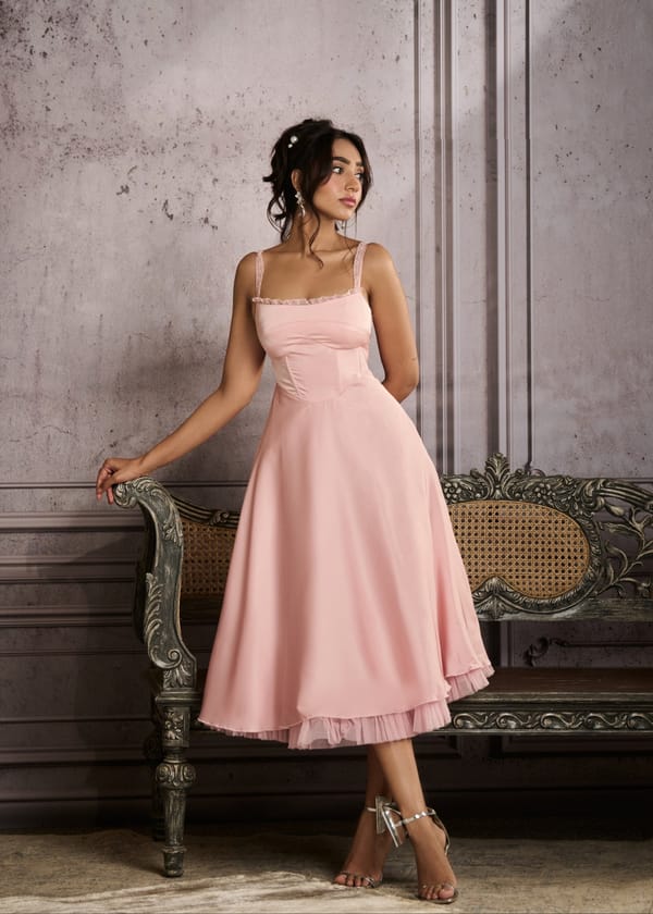 Sybil Baby Pink A-Line Corset Midi Dress — Lea Clothing