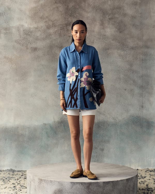 Sky Blue Denim Shirt with Oversized Floral Motif — Aruni