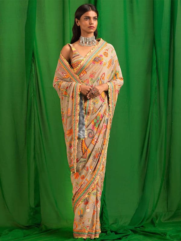 Grey Paisley Print Georgette Saree with Border — SAUNDH