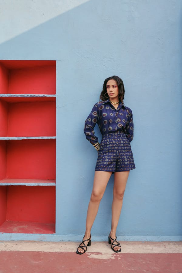 Blue Linen High-Waist Polka Dot Tailored Shorts — Payal Zinal