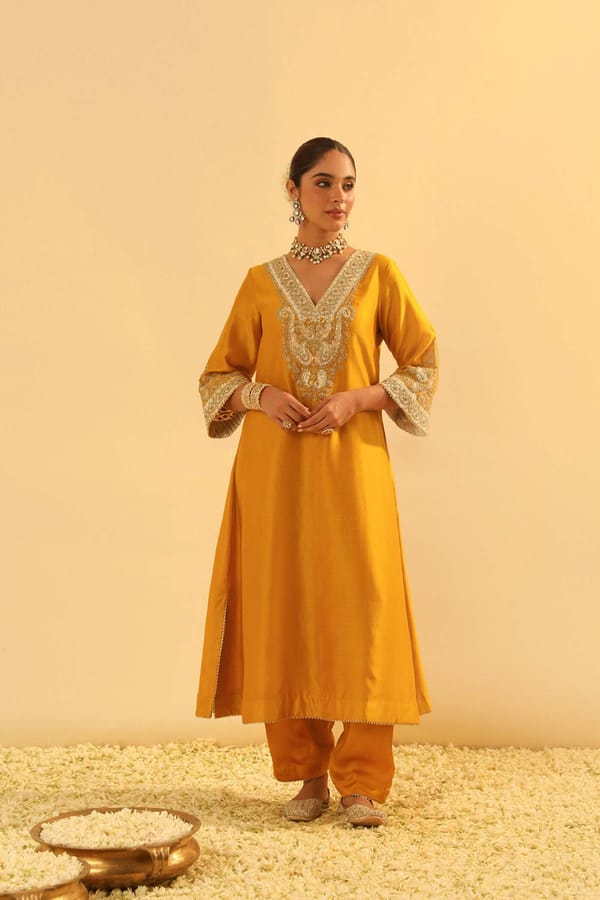 Heirloom Mustard A-Line Embroidered Kurta Set with Salwar — Sheetal Batra