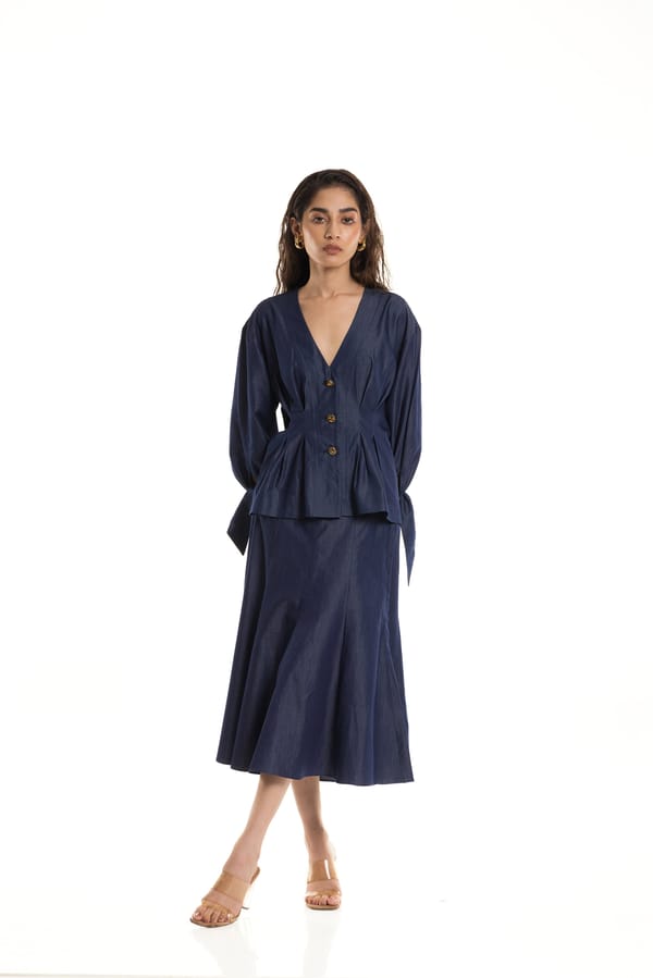 Denim Blue Flared Midi Skirt — Studio MuGu