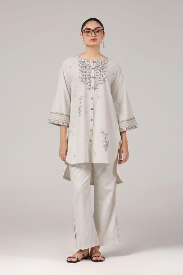 Off-White Embroidered High-Low Kurta Set — Truly SMA