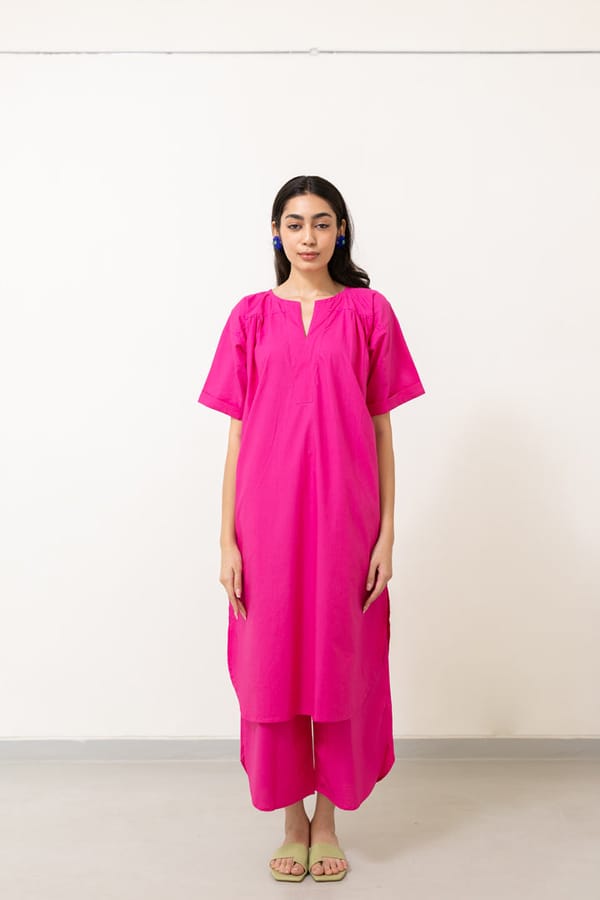 Fuchsia Cotton Poplin Tunic and Wide-Leg Pants Co-ord Set — Silai studio