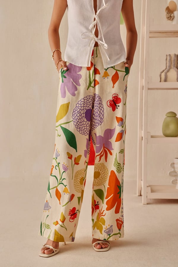 Cream Multicolour Floral Wide-Leg Trousers — Sage by Mala