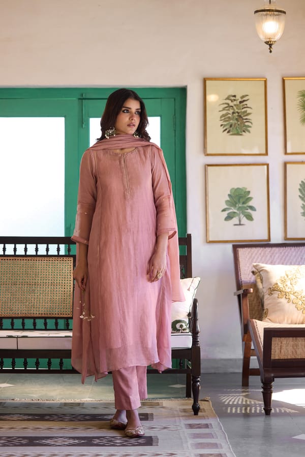 Old Rose Pink Silk Chanderi Straight Kurta Set — Trendy Tokari